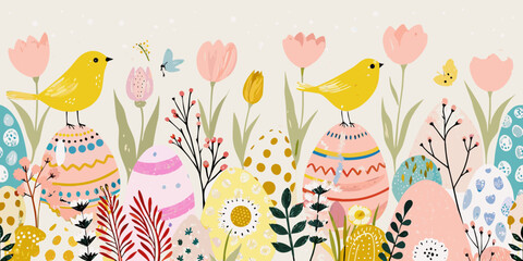 Floral ornament with birds and decorated eggs vector illustration © Topoti