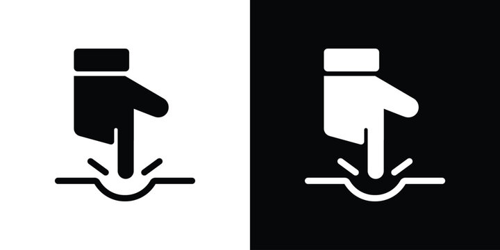 Minimal flat vector icon of a hand pressing a recessed push button with impact lines. Black and white glyph symbol representing activation, click, touchscreen input, mechanical switch, and user intera