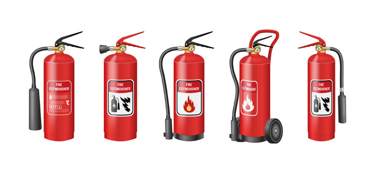 Fire safety equipment illustration featuring red extinguisher with flame symbols. Essential firefighting tools and emergency protection gear shown in detailed vector format.