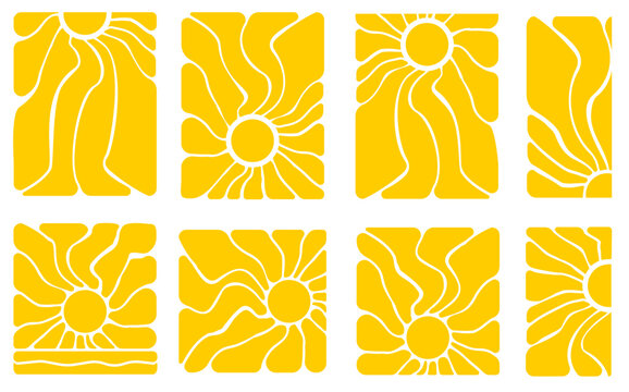 Groovy summer poster with retro sunshine and flowing waves. Abstract vintage design featuring radial burst patterns, warm colors, and psychedelic 70s boho art style elements