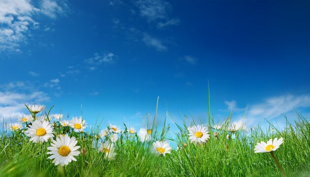 flowers and grass under a clear blue sky used as a background for editorial headers or layout