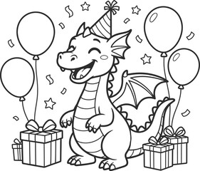 Cute dragon celebrating a birthday for a fun kids coloring page book illustration
