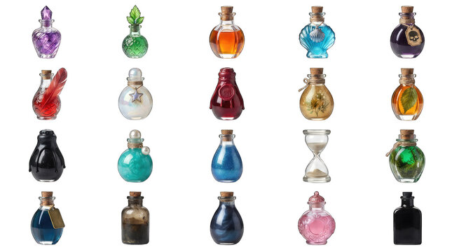 Collection of various colorful magic potion bottles and hourglasses as a png isolated on transparent background