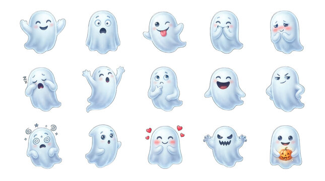 Set of cute cartoon ghost characters for halloween design as a png isolated on transparent background