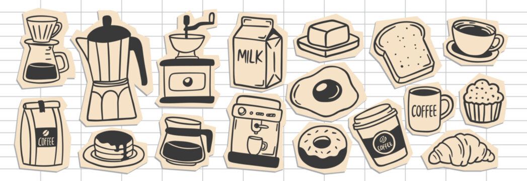 Hand drawn coffee and breakfast scrapbook sticker set featuring moka pot, grinder, bread, donut, and croissant isolated on white. Cute paper cut aesthetic vector illustration