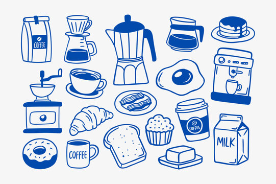 Hand drawn coffee and breakfast line art element set featuring coffee maker, milk, bread, bacon, eggs, and pastry. Cute outline vector doodle collection isolated on white background