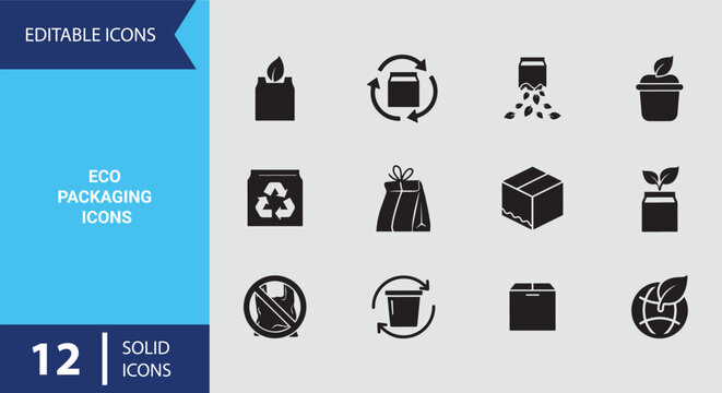 Eco Friendly Packaging Solid Symbol Collection Displaying Biodegradable Boxes And Sustainable Shipping Materials