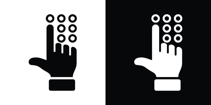 Minimalist flat vector icon of a hand selecting a numeric keypad. Black and white glyph symbol representing keypad entry, digital access, security code, PIN input, interface, and touchscreen control.