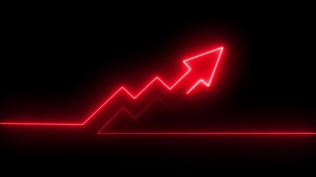 High inflation up red arrow. Increase profit, growth arrow and inflation graph neon animation on black background .