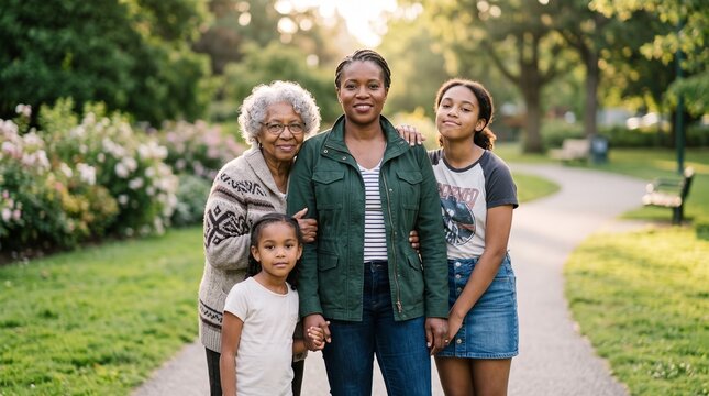 Four generations of women smiling together in a park during golden hour