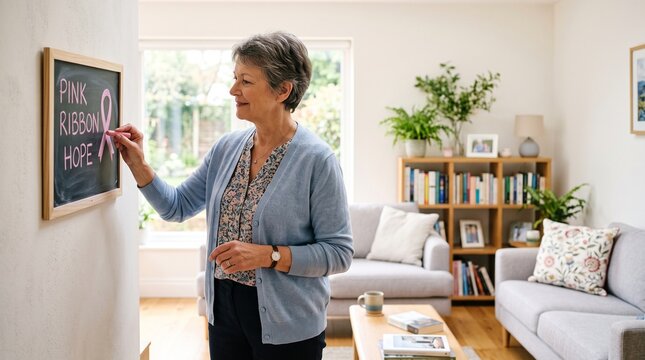 Woman in her 60s writing inspiring message on chalkboard at home