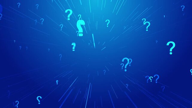 Question symbol education visual bright cyan marks, fast light trails, and blue gradient depth. Perfect for explainer videos, quiz shows, problem solving scenes, learning apps, and motion graphics.