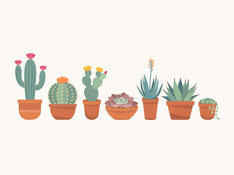 Decorative set of various potted cactus and succulent plant icons