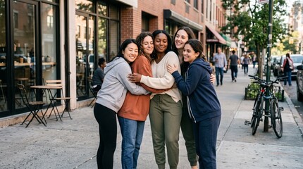 Fototapeta premium Diverse group of young women hugging warmly on a city sidewalk