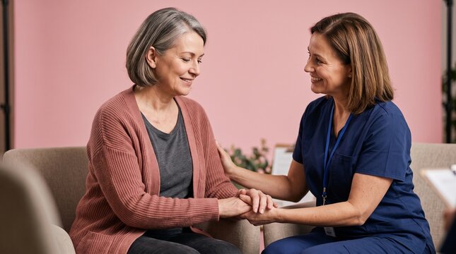 Nurse comforting patient with a gentle touch and supportive conversation