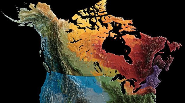 Vivid map of North America, rendered in topographic relief, showcasing diverse landforms and geographic regions