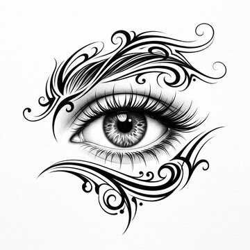 Detailed eye with ornamental floral and swirl design illustration