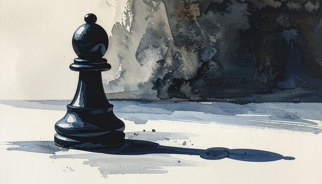 A watercolor painting of a black chess pawn with realistic shading and reflections, set against an abstract background of expressive ink washes and splatters in black, gray, and beige tones.