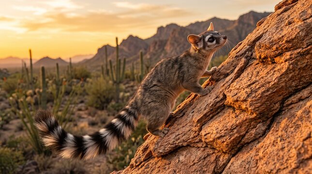 ringtail climbing desert rock sunset