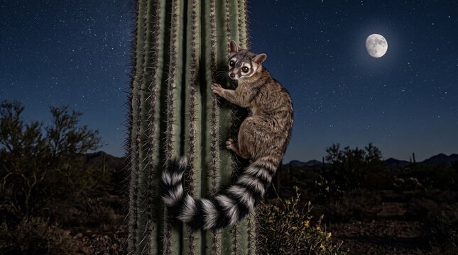 ringtail exploring saguaro cactus night