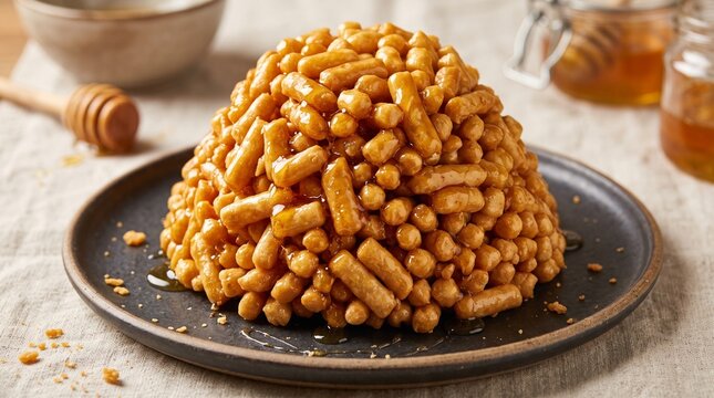Traditional Tatar and Bashkir dessert Chak Chak, a sweet honey pastry ball mound on a black plate