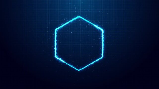 Glowing hexagon digital interface visual cyan geometric border, blue grid backdrop, and energetic particle dust. for crypto explainers, science titles, tech promos, UI screens, and motion graphics.