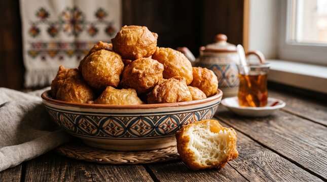 Freshly Baked Golden Baursak Fried Dough Balls in Traditional Ceramic Bowl Served with Hot Tea on Wooden Table