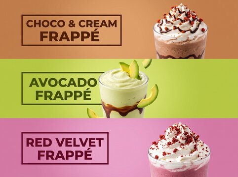 Three delicious frappes with chocolate avocado and red velvet flavors