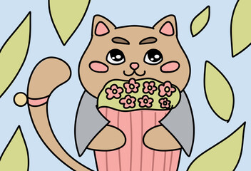 Kawaii Cute Anime Cartoon Cat Holding Flower Bouquet In Pastel Illustration With Leaves Background