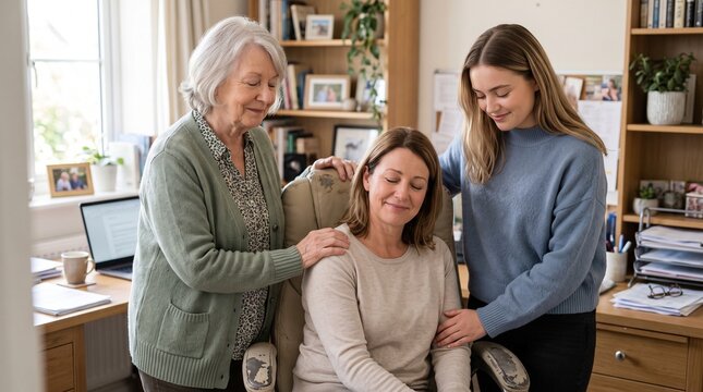 Three generations of women sharing a tender moment of support and love