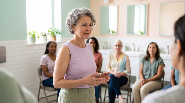 Diverse group of women gather for support and discussion in a bright room