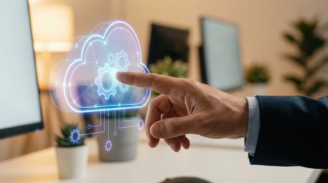 Ai cloud technology with gears symbolizes collaboration and training for employment to reskill and upskill productivity in office