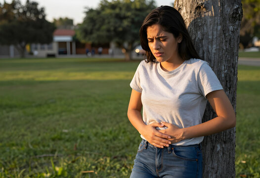 Young woman experiencing stomach pain and discomfort, leaning against a tree in a park setting