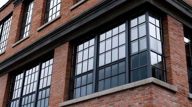 Red brick building facade featuring large black framed arranged in a grid pattern on multiple levels