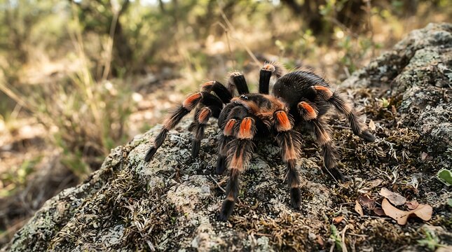 Large hairy tarantula spider with orange markings crawling on a grey rocky surface in the wild nature