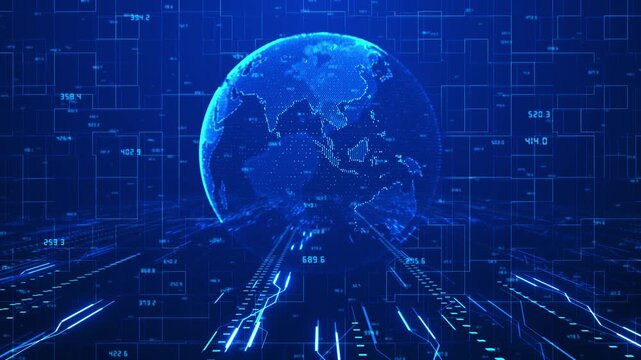 Global 19 globe interface visual bright blue Earth points, floating numbers, and circuit grid perspective. world data reports, cyber security clips, business tech intros, and motion graphics.