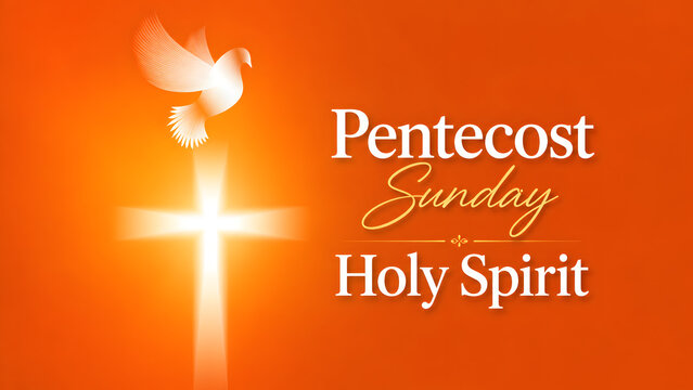 Pentecost sunday holy spirit religious background with a white dove and a glowing cross on an orange backdrop