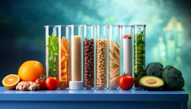 laboratory test tubes alongside various foods symbolizing food sensitivity testing emphasizing the diagnostic process for identifying food allergies and intolerances