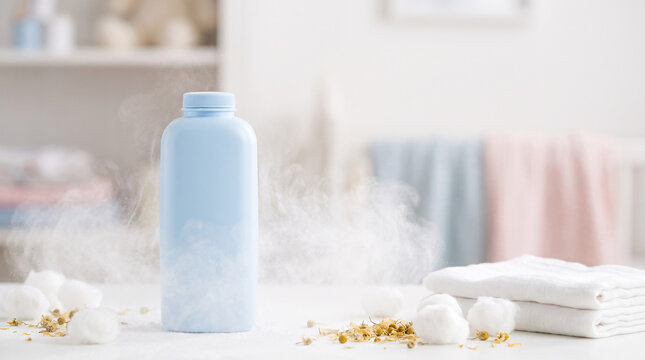 Blank light blue baby powder bottle surrounded by a white talcum cloud and cotton balls on a table