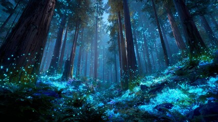 Obraz premium Tall, majestic trees dominate a forest scene, with luminous, ethereal blue & teal light illuminating the undergrowth and air