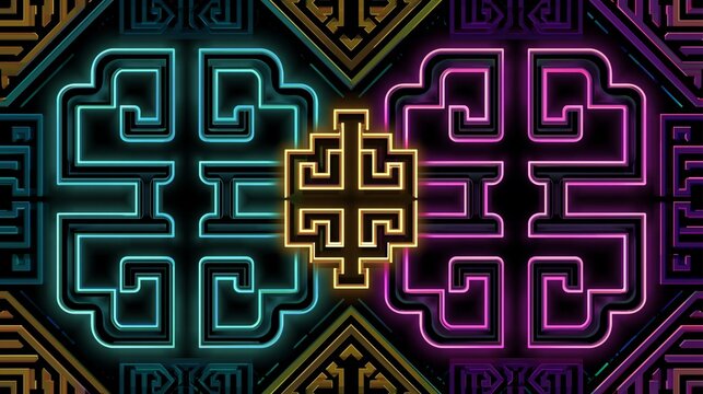 Glowing futuristic Chinese longevity symbol framed by intricate geometric ornamentation, merging cultural heritage with modern neon digital aesthetics.