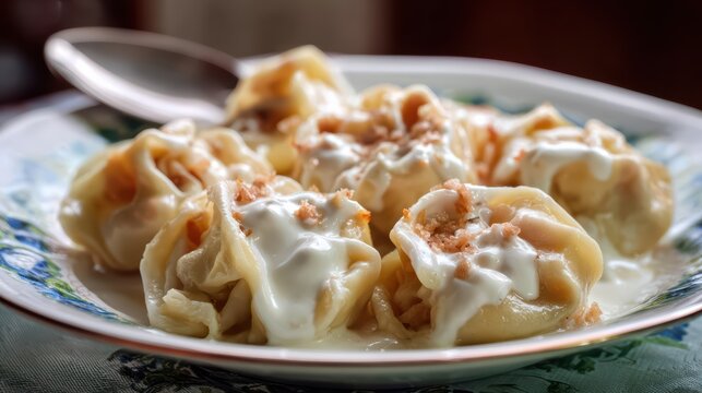 Turkish manti close-up on plate, creamy yogurt texture visible, soft lighting, ultra detailed 8k