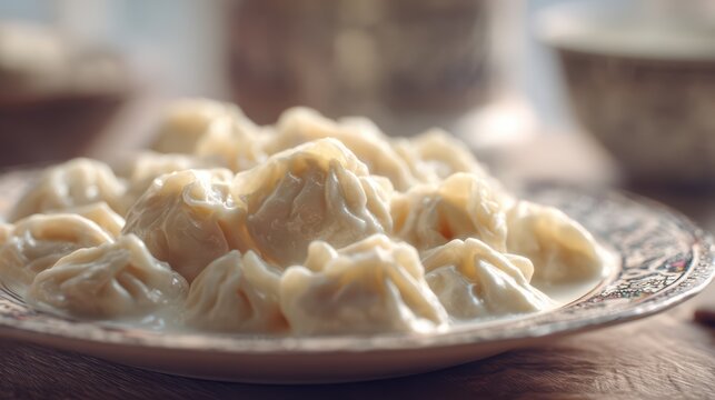 Turkish manti close-up on plate, creamy yogurt texture visible, soft lighting, ultra detailed 8k