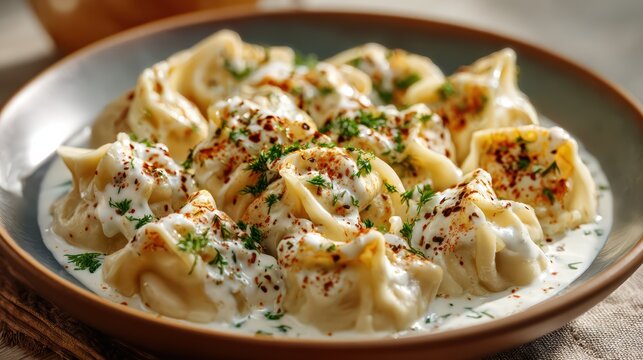 Turkish manti served on plate, garlic yogurt and red sauce drizzle, minimal aesthetic, ultra detailed 8k