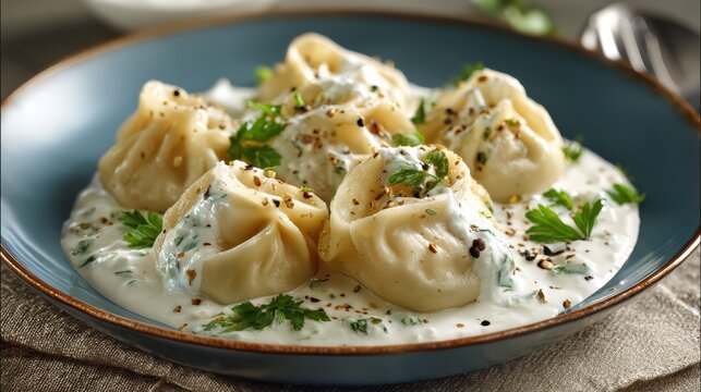 Turkish manti served on plate, garlic yogurt and red sauce drizzle, minimal aesthetic, ultra detailed 8k