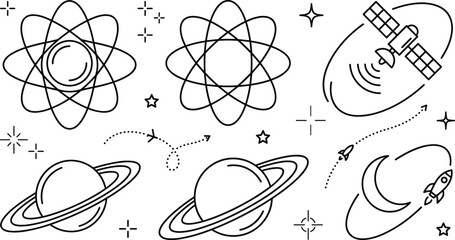 Outer Space Astronomy and Science Icon Set with Planets, Satellite, Rocket, and Atom Core Symbols for Technology Education Designs © MDINSAN