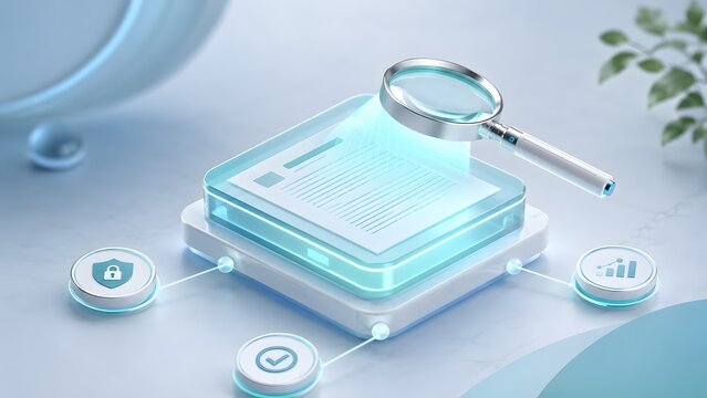 Digital document analysis and data audit concept with glowing magnifying glass inspecting virtual paperwork and security icons