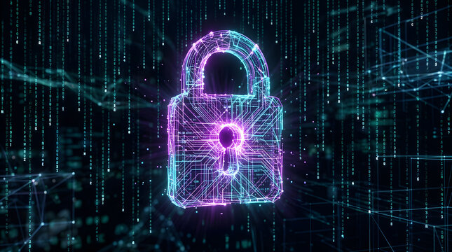 Neon glowing padlock in cyberspace representing digital privacy and cyber security