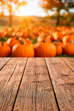 Rustic Wooden Tabletop with Blurred Autumn Pumpkin Patch Background
