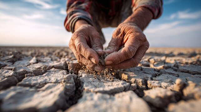 Close-up of weathered hands sifting dry soil from cracked earth under a vast sky, likely signifying drought or environmental concern